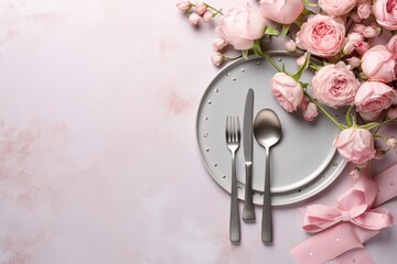 Table decor concept for Mother's Day. Flat lay photo of circle plate cutlery knife fork fabric napkin flowers pink peony rose buds and small hearts baubles on white background with empty,