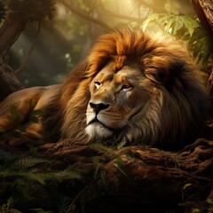 African forest king lion sleep wake image Generative AI
