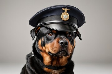 Perro rottweiler con gorra de policía sobre fondo gris  - obrazy, fototapety, plakaty