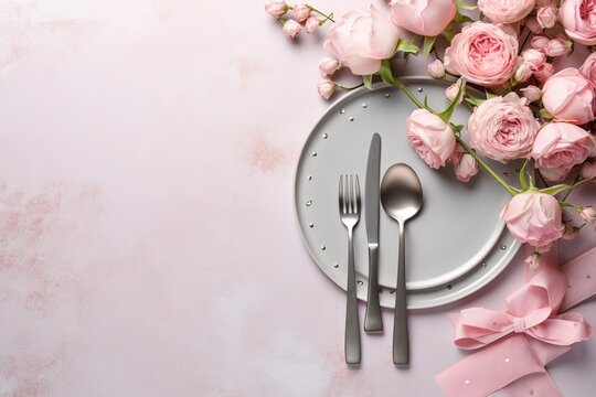 Table decor concept for Mother's Day. Flat lay photo of circle plate cutlery knife fork fabric napkin flowers pink peony rose buds and small hearts baubles on white background with empty,