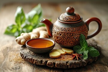 Teapot and cup of tea with ginger on light wooden background
