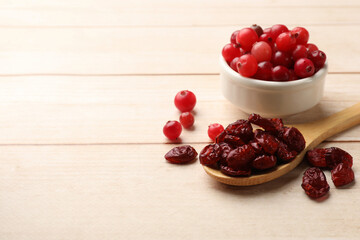 Spoon with dried cranberries and fresh berries in bowl on wooden table, space for text