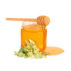 Honey in glass jar, dipper and linden flowers isolated on white