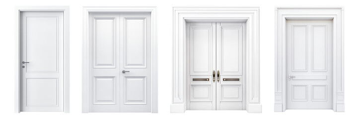 Set of classic and modern doors isolated on a transparent or white background. Different style of doors close up. A design element to be inserted into a design or project.