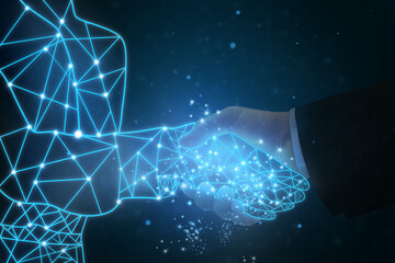 Businessman shaking hands with virtual partner on dark background, closeup. Illustration of digital...