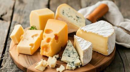 The background showcases an assortment of cheese, featuring delectable pieces of various types