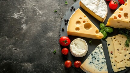The background showcases an assortment of cheese, featuring delectable pieces of various types