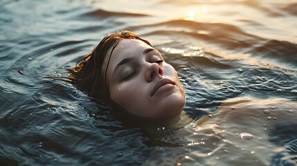 Mental well-being, a serene, melancholic woman drifting in water, and indifference - obrazy, fototapety, plakaty