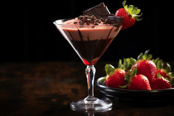 A decadent chocolate-covered strawberry martini, rimmed with chocolate and garnished with a plump strawberry, creating a sumptuous visual on a deep chocolate background. - obrazy, fototapety, plakaty