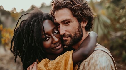 Multiracial couple sharing an embrace, multiethnic couple in love