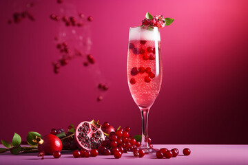 A sparkling pomegranate mimosa with floating berries, creating a burst of color and fizz on a radiant magenta background.
