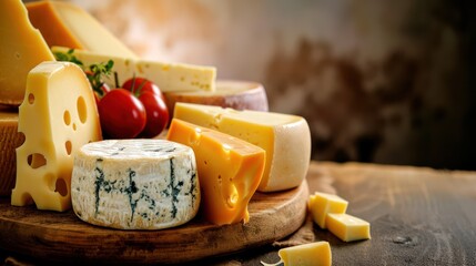 The background highlights a selection of cheeses, showcasing delicious pieces of different types.
