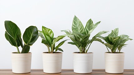 collection of ornamental plants in pots. white wall. Generative AI