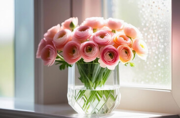 A bouquet of pink ranunculus in a glass vase stands on the window