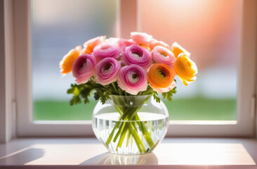 A bouquet of pink ranunculus in a glass vase stands on the window