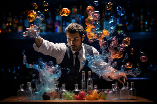 A high-energy snapshot of a mixologist juggling bottles and shakers in a dazzling display of flair bartending, with liquid trails creating a dynamic spectacle.