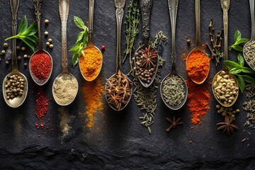 Variety of Spices in Filled Spoons