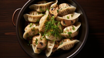 Pierogi dumplings with mushrooms in a bowl seen from above