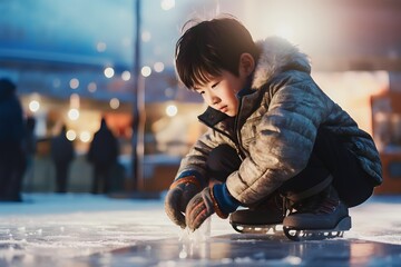 child tying ice skates, preparing for outdoor ice hockey - obrazy, fototapety, plakaty