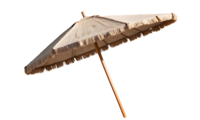 straw beach umbrella isolated on transparent background. Summer parasol of coconut leaf
