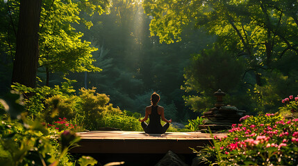 Uma pessoa pratica yoga em uma plataforma de madeira cercada por uma floresta tranquila  A luz do sol passa pelas folhas verdes exuberantes lançando sombras manchadas no chão