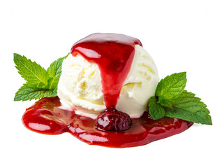 Vanilleeis mit heißen Himbeeren sauce isoliert auf weißen Hintergrund, Freisteller 