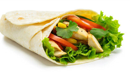 Tortilla wrap mit Hänchen , gemüse und Salat isoliert auf weißen Hintergrund, Freisteller 