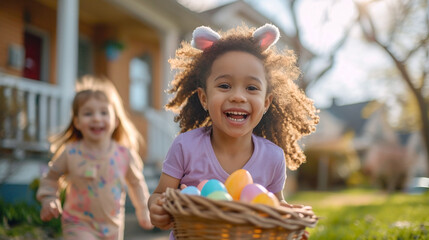 Smiling children running with a small basket of Easter coloured eggs in front yard. Easter egg...
