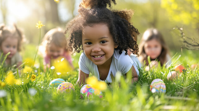 Multiethnic little children hunting for painted eggs in spring park on Easter day, celebrate easter, happy easter day