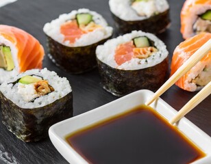Sushi mit Sojasosse und Stäbchen 