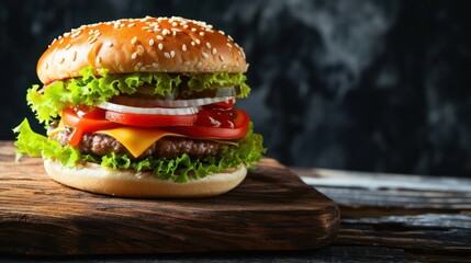 Hamburger with beef, tomato, lettuce, cheese, and onion. Fast Food with copy space