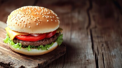 Copy space provided alongside a classic hamburger with beef, tomato, lettuce, cheese, and onion. Fast food concept