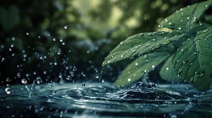 A surreal depiction of water droplets floating above a leaf, defying gravity, in a serene woodland setting. 8k - obrazy, fototapety, plakaty