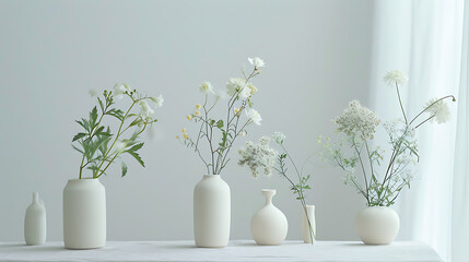 Um espaço sereno e arejado banhado pela luz natural exibe uma coleção de arranjos minimalistas de plantas e flores