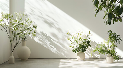 Um espaço sereno e arejado banhado pela luz natural exibe uma coleção de arranjos minimalistas de plantas e flores
