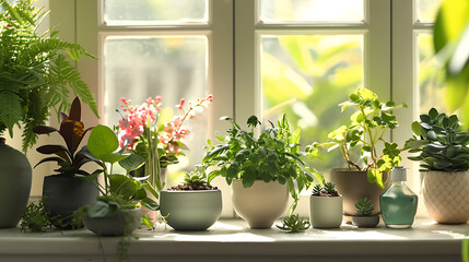 Uma cena serena e calmante com uma variedade de plantas exuberantes verdes e flores coloridas dispostas em um quarto arejado e brilhante - obrazy, fototapety, plakaty