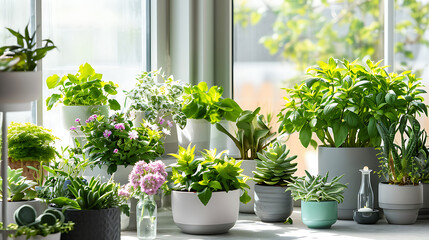Uma cena serena e calmante com uma variedade de plantas exuberantes verdes e flores coloridas dispostas em um quarto arejado e brilhante