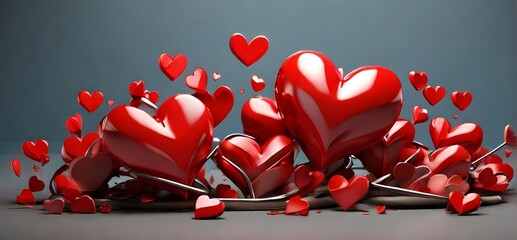 3D Valentines showcasing vibrant red hearts background - obrazy, fototapety, plakaty