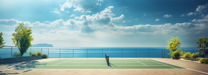 The tennis court is green against the sea, generative AI