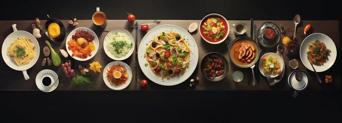 Fotobehang A large table with restaurant food, view from the top, generative AI © Tetiana Romaniuk
