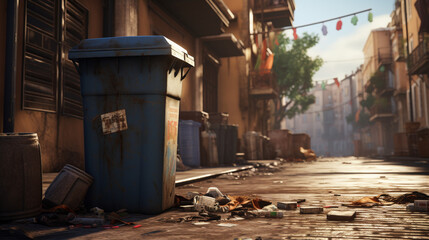 The dumpster stands on a dirt street, generative AI