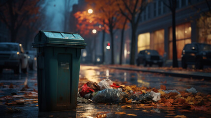 A trash can stands on a nighttime street, generative AI - obrazy, fototapety, plakaty