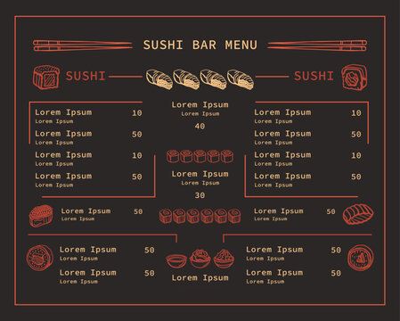 Restaurant sushi menu template on dark background. Isolated vector set of asian food in hand drawn doodle style. Wasabi, ginger, soy sauce and sushi sticks.