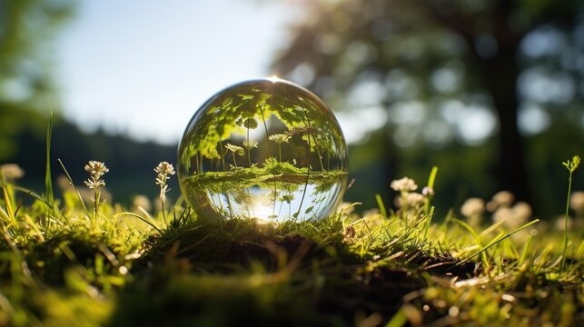 Crystal ball in forest, nature background. Earth day concept. Created with Generative AI