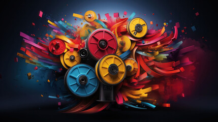 A dynamic and colorful explosion of film reels and vivid paint strokes, symbolizing the vibrant energy and creativity of the film industry and festivals.