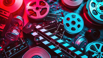 An intricate assembly of film reels and cameras on a checkerboard pattern with a neon glow, evoking the high-tech and meticulous world of modern filmmaking. - obrazy, fototapety, plakaty