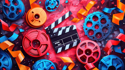 An imaginative array of film gears and clapperboards amidst a burst of abstract shapes and colors, depicting the explosive creativity of film festivals. - obrazy, fototapety, plakaty