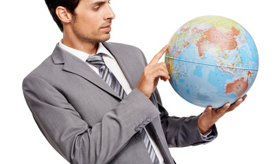 Business man, globe and destination choice isolated on a white studio background. Agent, professional suit and planet map for geography, international travel or pointing at worldwide earth on journey