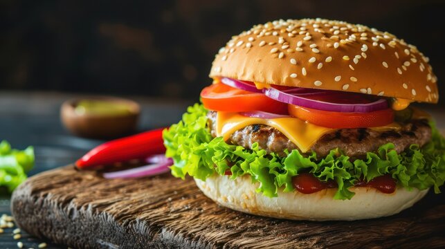 An image of a fast-food hamburger with beef, tomato, lettuce, cheese, and onion, providing space for additional text or design elements.
