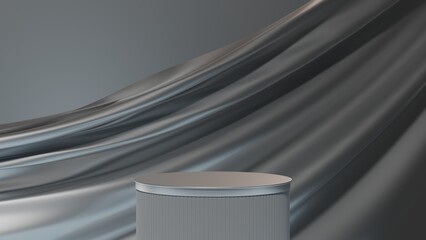 Metal empty podium or pedestal for product presentation. Mockup platform on grey background. 3d rendering	